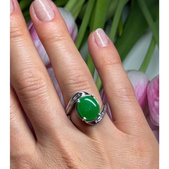 D'Joy 925 STERLING SILVER GREEN NEPHRITE & WHITE BERYL RING SIZE 6.5 - Picture 8 of 9